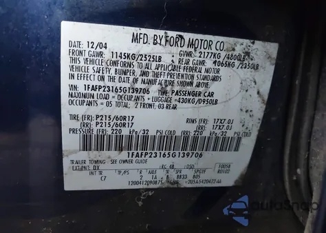 2005 Ford Five Hundred Se from USA, damaged, VIN 1FAFP23165G139706